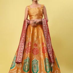 PURVAJA Yellow Printed Stitched Lehenga & Unstitched Blouse With Dupatta-picture-14