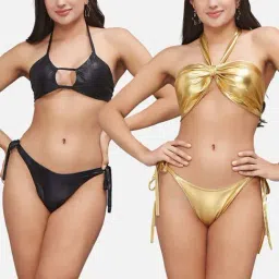 Secrets By ZeroKaata Black & Golden Plain Swimwear Bikini-image-88