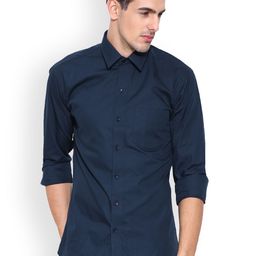 Hancock Men Navy Blue Slim Fit Solid Casual Shirt-image-90