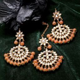 Zeneme Orange Gold Plated Kundan Pearl Studded H&crafted Maang Tikka & Earrings Set-35
