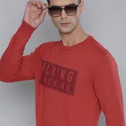Flying Machine Men Rust Red Brand Logo Printed Pure Cotton Pullover-image-26