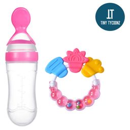 Tiny Tycoonz Silicone Squeezy Food Feeder Bottle With Spoon & Rattle Teether Pink - 90 ml-20