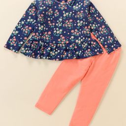 Babyhug 100% Cotton Knit Full Sleeves Top and Legging Set Floral Print - Navy Blue & Pink-image-84