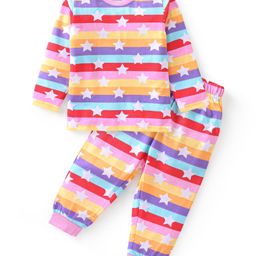 Babyhug Cotton Knit Full Sleeves Striped Night Suit Stars Print - Multicolour-image-91