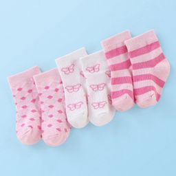 Doodle Poodle 100% Cotton Rich Ankle Length Butterfly Design Socks Pack of 3- White & Pink-image-67