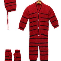 MayRa Knits Full Sleeves Striped Designed Hand Knitted Coordinating Woollen Sweater Pajama Cap & Socks Set - Red-image-22