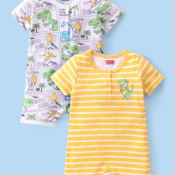 Babyhug 100% Cotton Knit Half Sleeves  Striped  Romper with Dino Print Pack of 2- Multicolor-image-77