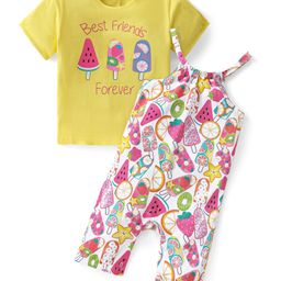 Babyhug Single Jersey Knit Fruits Printed Dungaree with Half Sleeves Inner Tee - Pink & Yellow-image-92