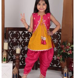 Kinder Kids Sleeveless Floral Embroidered & Gota Lace Embellished Kurta With Attached Jacket & Dhoti - Yellow & Pink-image-30