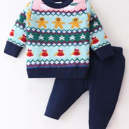 Babyhug Knitted Full Sleeves Pullover Sweater Set With Christmas Theme Design - Navy Blue-image-13