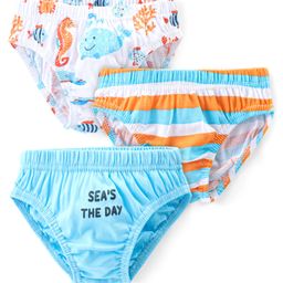 Babyhug 100% Cotton Antibacterial Briefs With Stripes & Sea Life Print Pack of 3 - Blue & White-image-41