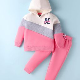 Pepito Cotton Fleece Knit Winter Wear Full Sleeves Hooded Cut & Sew T-Shirt & Lounge Pants - Pink & White-image-50