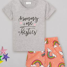 Sheer Love Cotton Jersey Knit Half Sleeves Rabbit & Rainbows Printed Tee With Shorts - Grey-image-1