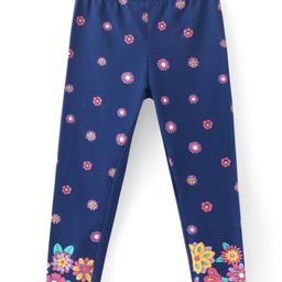 Babyhug Cotton Lycra Knit Full Length Stretchable Leggings with Floral Print - Navy Blue-image-92