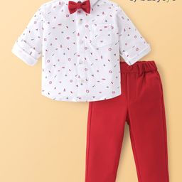 Babyoye Cotton Knit Full Sleeves Printed Shirt & Trouser Set with Bow - Red & White-image-27
