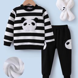 Kookie Kids Full Sleeves Striped Winter Wear T-Shirt & Lounge Pant Set with Panda Patch - Black-image-67