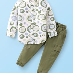 Babyhug Cotton Woven Full Sleeves Printed Shirt & Lounge Pant Set - White & Olive Green-image-4