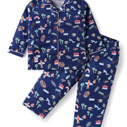 Enfance Core Cotton Woven Full Sleeves Beach Theme PrintedCoordinating Night Suit Set - Navy Blue-image-77