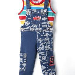 Babyhug Disney Single Jersey Knit Sleeveless T-Shirt And Dungaree Set With Car Graphics - Blue & Yellow-image-83