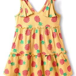 Babyhug Single Jersey Knit Sleeveless Frock With Pineapple Print & Bow Applique - Yellow-image-2