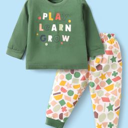 Zero Sinker Knit Full Sleeves T-Shirt & Lounge Pant Set With Shapes Print - Green-image-12