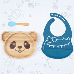 StarKiddo Panda Bamboo Suction Plates with Weaning Spoon and Cute Adjustable Printed Bib for Baby and Toddler - Blue-Blue-image-26