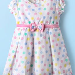 Babyhug Cotton Woven Half Puffed Sleeves Frock With Polka Dots Print & Bow Applique - White-image-44