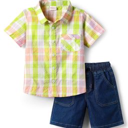 Babyhug Cotton Woven Half Sleeves Checks Shirt & Denim Shorts Set - Navy Blue-image-45