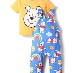 Babyhug Disney Single Jersey Knit Half Sleeve Tee & Dungaree Set with Winnie the Pooh Print - Yellow & Light Blue-picture-39