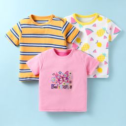 Kidi Wav Cotton Pack Of 3 Half Sleeves Striped & Butterfly Printed Tees - Multi Colour-image-56