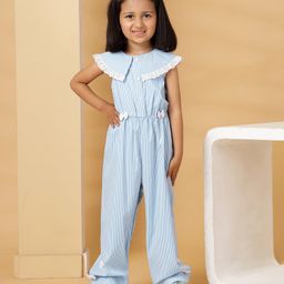 Budding Bees Cotton Woven Sleeveless Striped Schiffli Lace & Bow Applique Detailed Jumpsuit - Blue-picture-25