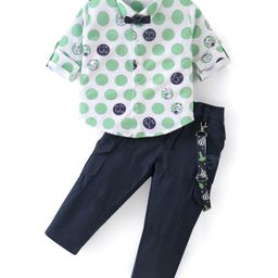 Dapper Dudes Full Sleeves Polka Dots Printed Shirt & Pant With Bow & Suspender Set - Green-picture-2