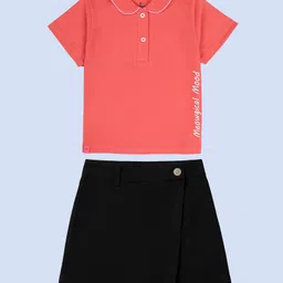 Kiddopanti Cotton Knit Cat Back Printed Polo Tee With Solid Skort Set - Coral & Black-picture-49
