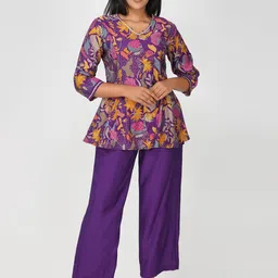 Bindigasm Floral Printed V-Neck Peplum Tunic With Trousers-image-22