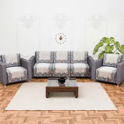 RUBOXA Cream-Coloured & Blue 10 Pieces Printed Cotton 5 Seater Sofa Covers-3