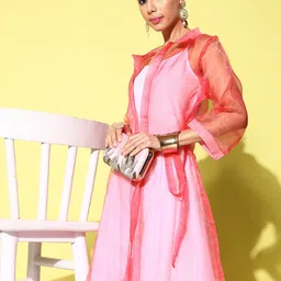 InWeave Solid Shoulder Straps Pleated Kurta With Palazzos & With Jacket image 2