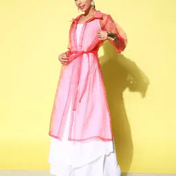InWeave Solid Shoulder Straps Pleated Kurta With Palazzos & With Jacket image 3
