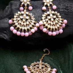 Zeneme Pink Pearl Studded H&crafted Kundan Maang Tikka & Earring Set-image-70