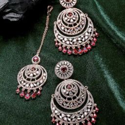 Zeneme Rose Gold Plated Pink AD Contemporary Earring & Maang Tikka Set-14