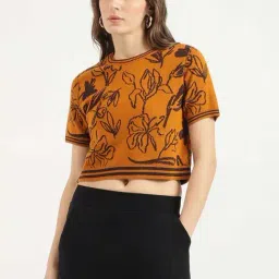 United Colors Of Benetton Orange Cotton Regular Fit Floral Print Crop Top-picture-3
