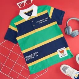 Pantaloons Junior Green & Navy Cotton Striped Polo T-Shirt-image-66