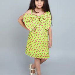 Pink Chick Girls Lime Green Cotton Sleevelesss Bow Printed A-Line Dress-image-0