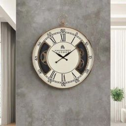 @home White & Gold Steel Roman Gear Design Analog Wall Clock-image-53