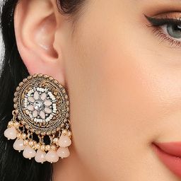 fabula Stone Studded & Beaded Circular Shaped Drop Earrings image 2