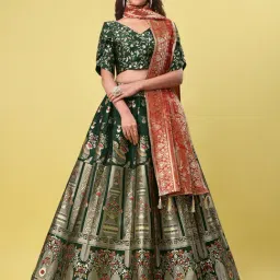 PURVAJA Green Printed Stitched Lehenga & Unstitched Blouse With Dupatta-image-2