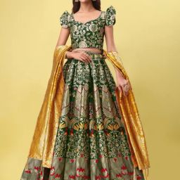 PURVAJA Green Floral Print Stitched Lehenga & Unstitched Blouse With Dupatta-picture-7