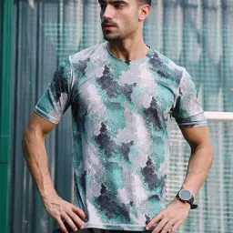 Campus Sutra Forest Green Charcoal Black Blur-Imprint Activewear T-Shirt-picture-18