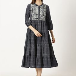 Saffron Threads Women Ethnic Motifs Embroidered A-Line Cotton Tiered Midi Dress-image-66