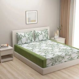 Swayam Vedic White & Green Cotton 144 TC Bed Sheet with 2 Pillow Covers-image-39