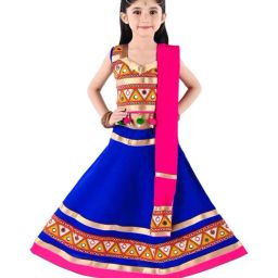 Ahhaaaa Kids Blue & Pink Cotton Embroidered Lehenga Cholis-image-129